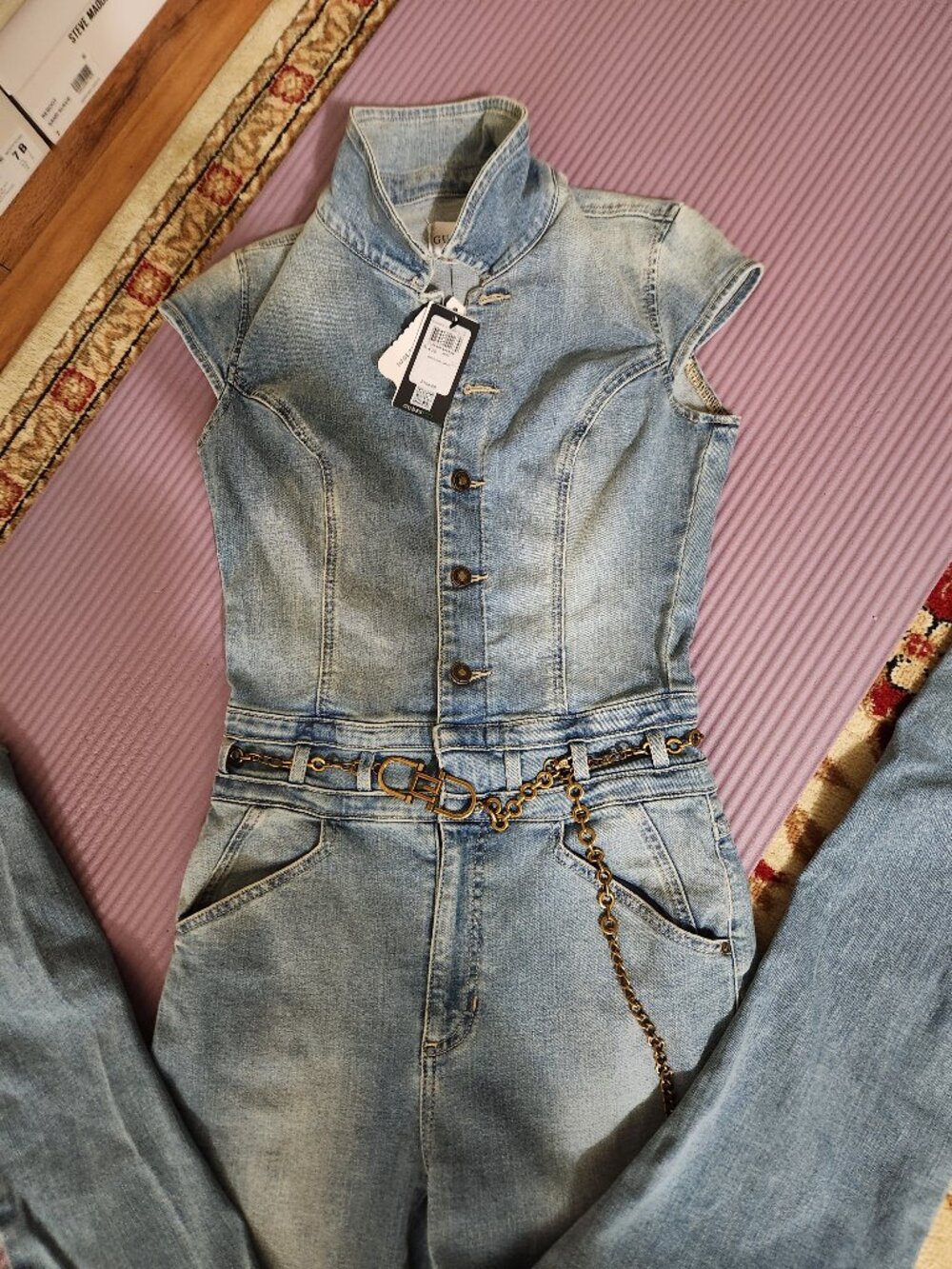 NWT Guess Eco Nova Denim Belted Cap Sleeve Jumpsuit- S